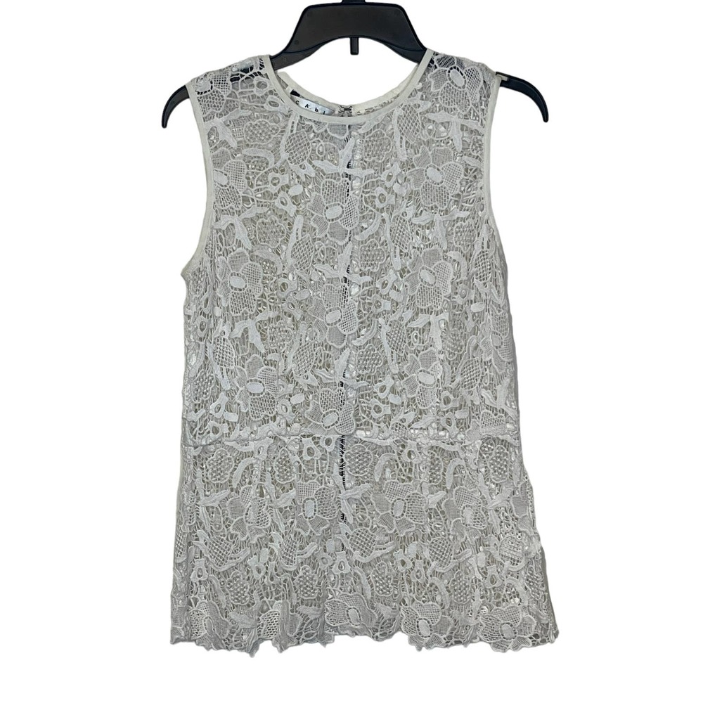 Cabi Women's‎ Tank Top Peplum Needle Lace Floral Sheer Sleeveless White Medium